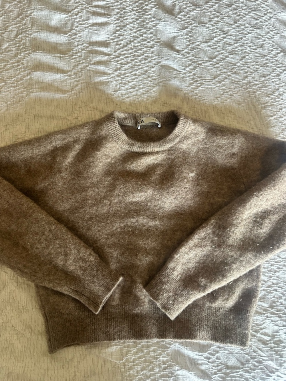 Zara Fuzzy Crewneck Sweater in Warm Taupe